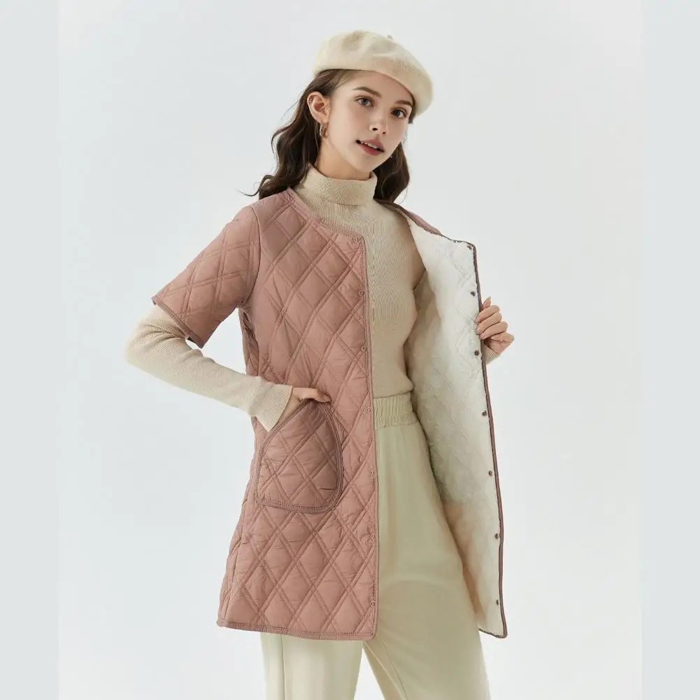 Inverno feminino acolchoado parkas cor sólida o pescoço bolsos para baixo colete casaco à prova de vento botões fechamento retenção de calor jaqueta de algodão