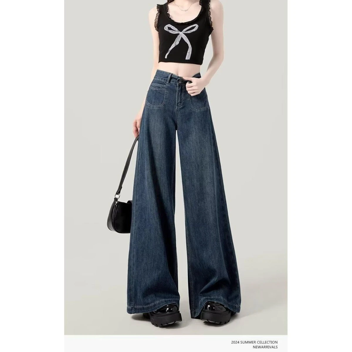 

Deep Blue High Waist Wide Leg Jeans Women's Early Autumn New Loose Versatile Slim Straight Tube Pants Casual Cotton Polyester