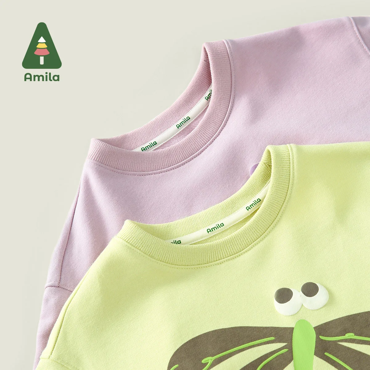 Amila Baby Set 2026 Spring New Solid Color Dragonfly Cartoon Pattern Solid Loose Sweatshirt Leggings Children\'s Two-Piece Set