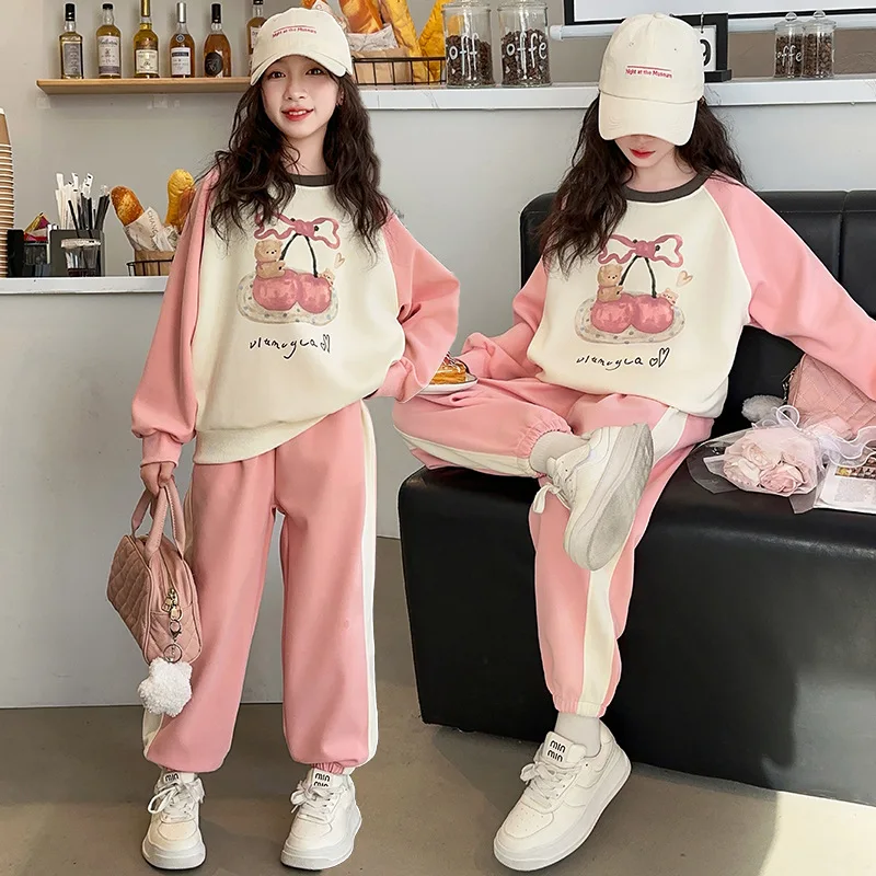 

Spring Autumn Children Girl Clothing Set School Girl Contrast Cartoon Bear Cheery Sweatshirt+Sport Pants Set For Girls 4-15Yrs