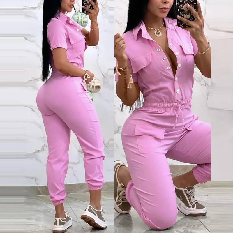 2024 Fashion Solid Color Drawstring Romper Lady Short Sleeve Office Overall High Street Multi-pockets Cargo Jumpsuit For Women