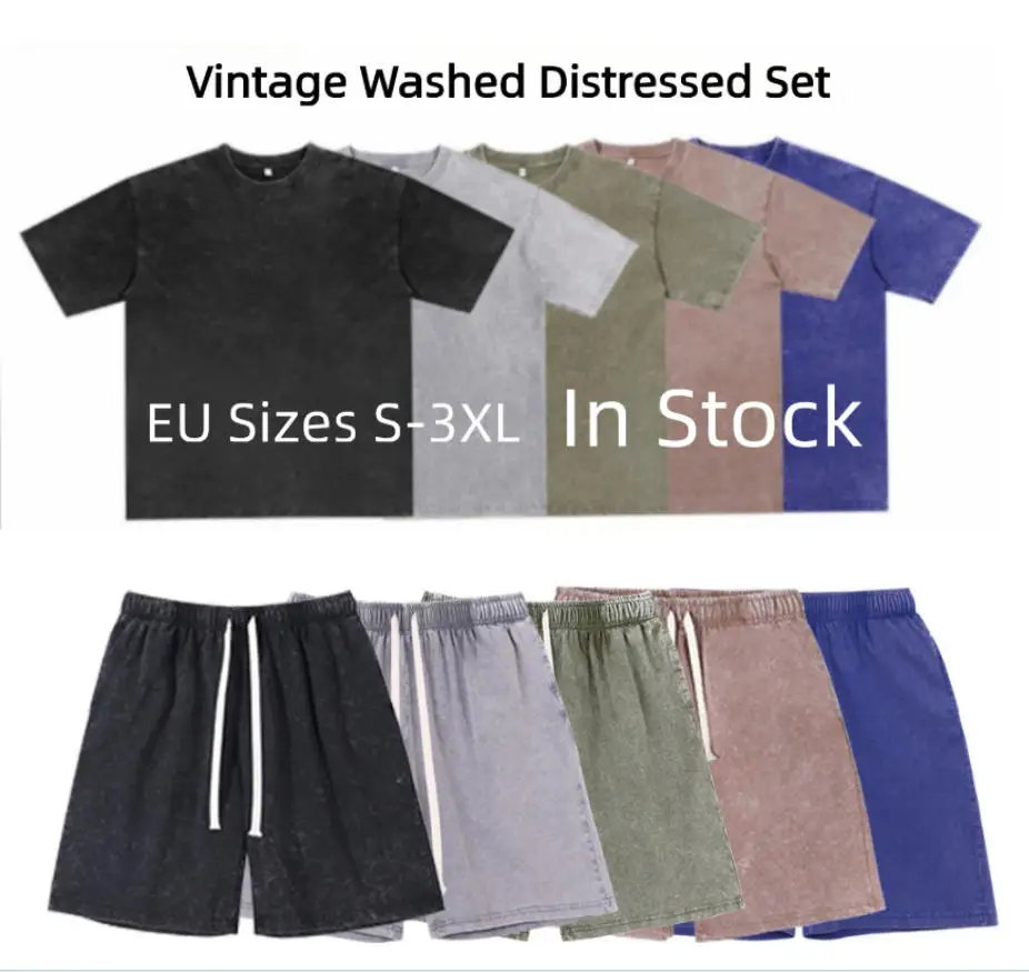Unisex Lockeres Gewaschenes Baumwoll-Set T-Shirt & Shorts mit Kordelzug Weiches Atmungsaktives Schnelltrocknendes Freizeitoutfit Anpassbar – Detail 1