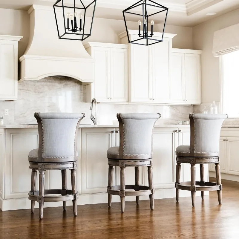 home.プルマン カウンタースツール 26 インチ – フットレスト付き回転スツール – グレーの無垢材フレーム & グレーの布張り –