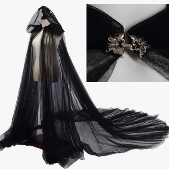 1pc Witch Cloak Costume for Women Halloween Hood Tulle Cape Cloak Black White Red Wedding Bridals Floor Length Soft Mesh Cloaks