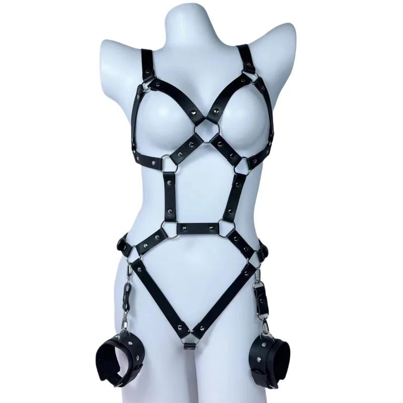 

Sexy Leather Harness Bodysuit Lingerie Set Women Hollow Out Handcuffs Bracelet Bondage Restraint Erotic Fetish Sexy Accessory