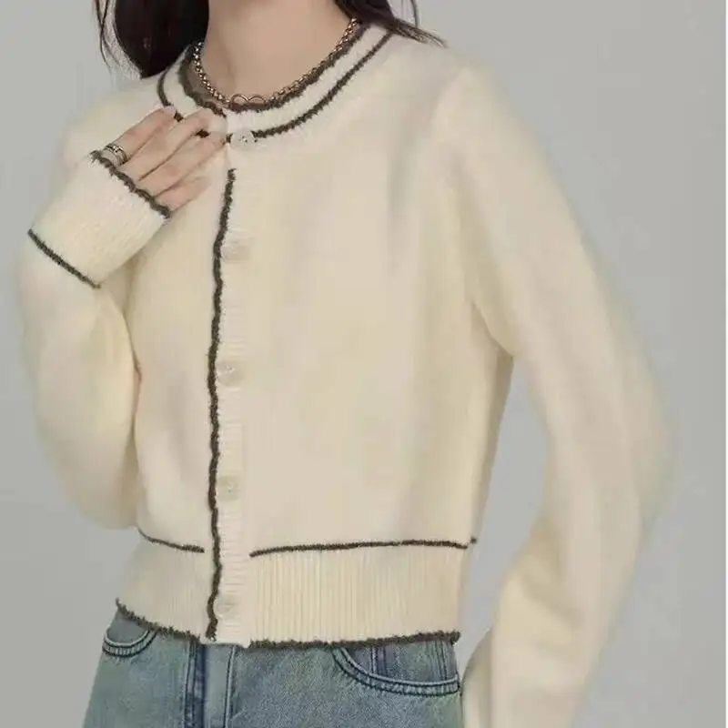 

Autumn New High Stretch Warm O Neck Knitted Cardigan Contrast Color Patchwork Button Sweater Coat Korean Simple Lightweight Tops