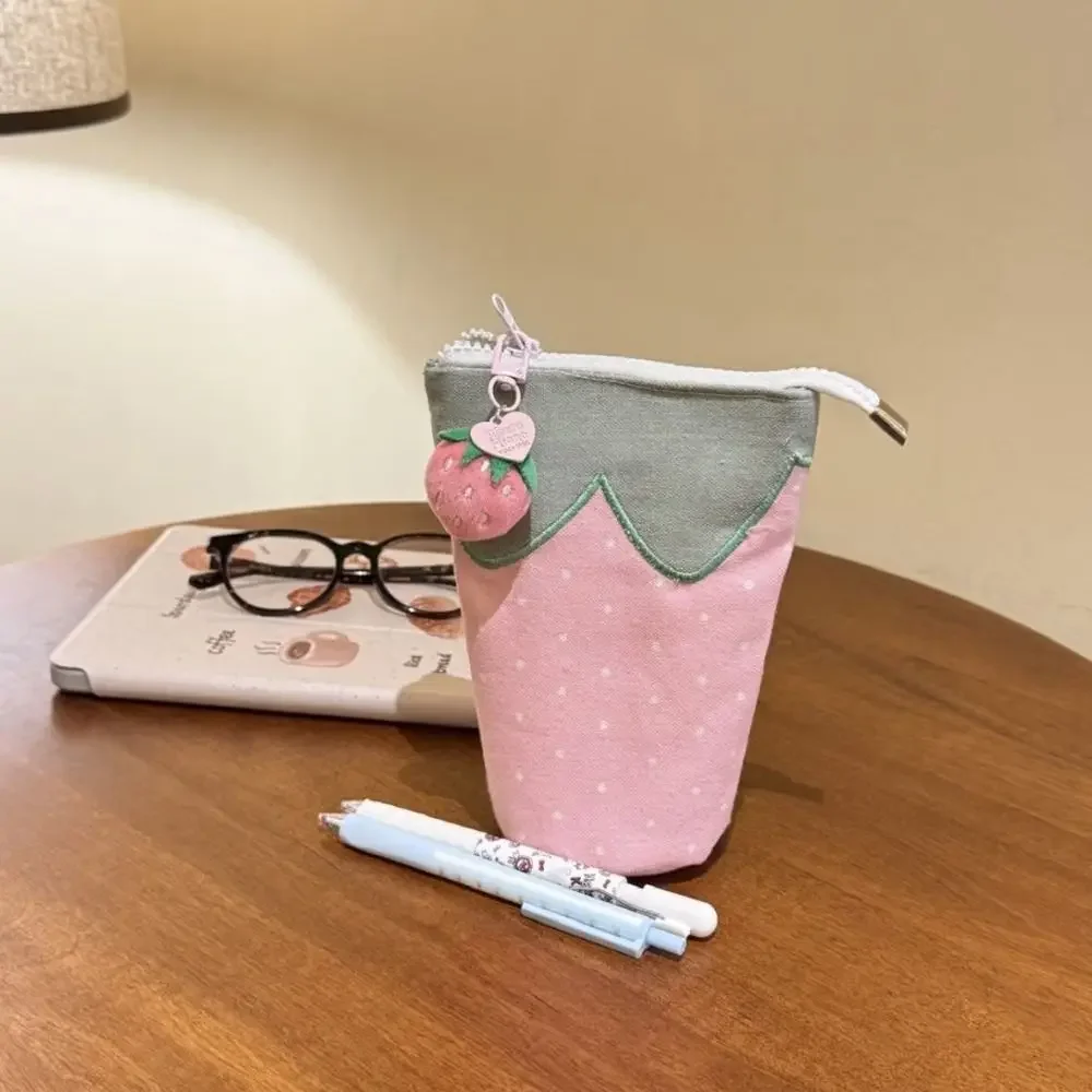 لطيف الفراولة القلم حقيبة طوي سعة كبيرة حامل القلم الرصاص أسطواني الوقوف هدية مقلمة لوازم الطلاب