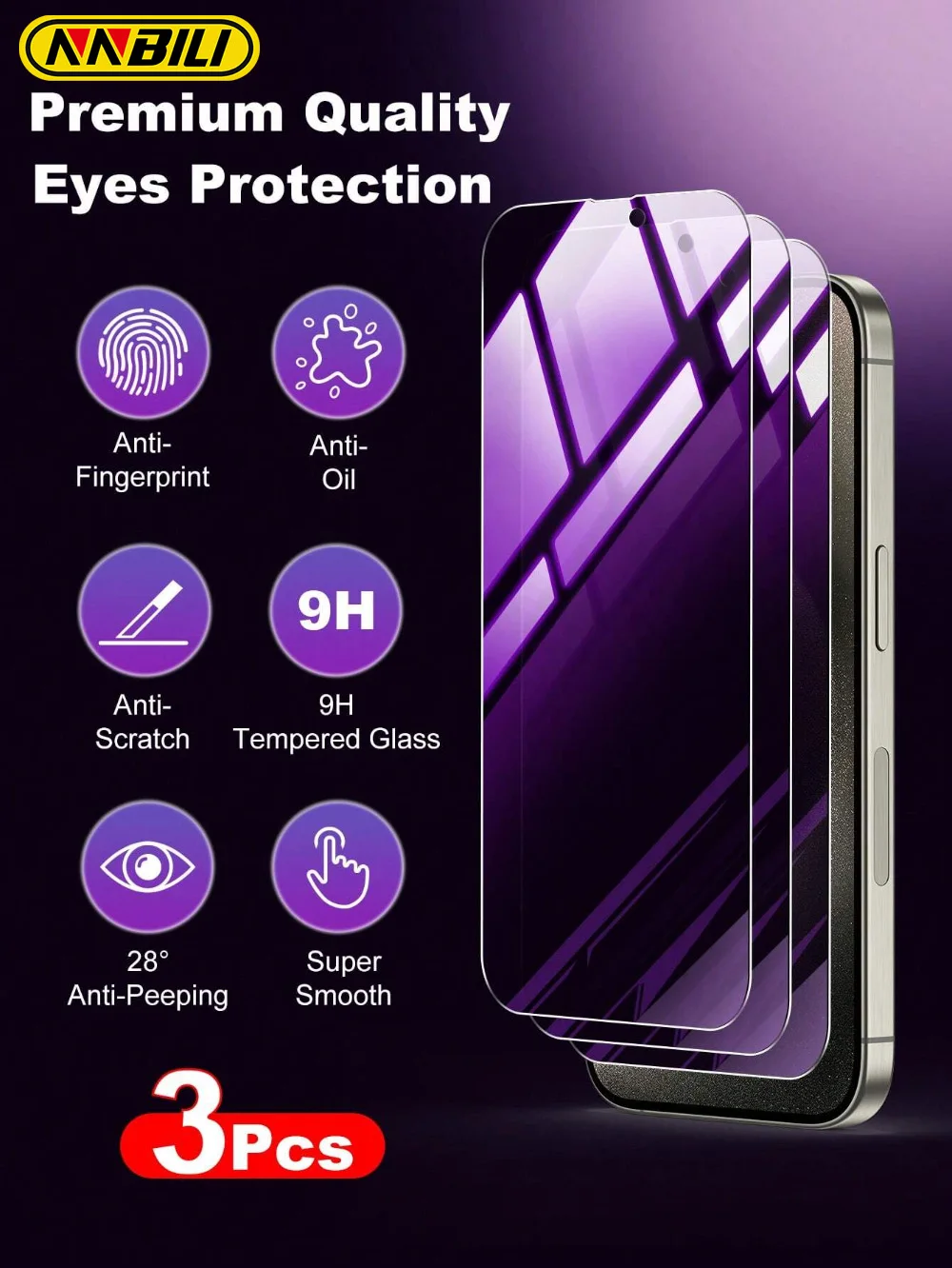 NNBILI 3 Pcs [ Privacy+ Anti Blue Light ] Tempered Glass Screen Protector Film For IPhone16 15 14 13 12 11 Pro Max 16e Series