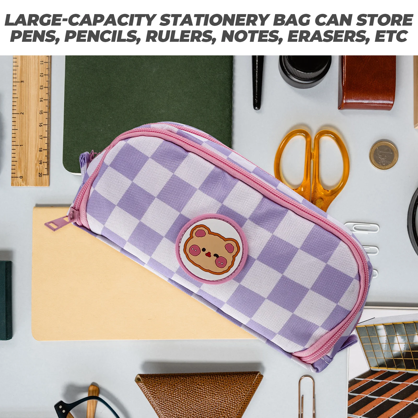 

Checkerboard Print Pencil Large Capacity Stationery Zipper Design Pen Organizer For Students Lightweight Bag Cartoon