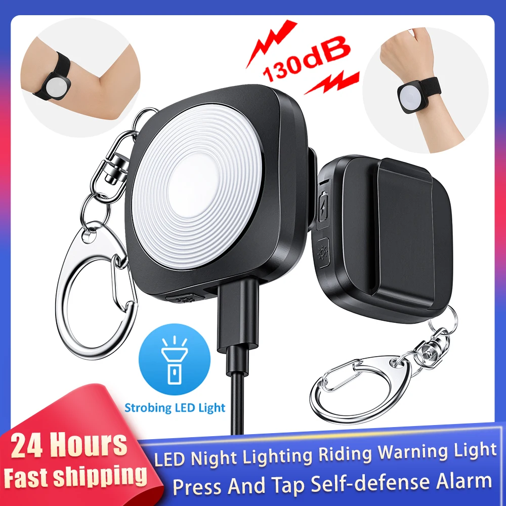 New 130dB Personal Self Defense Alarm With Keychain Press Or Tap Alarm 4 LED Lighting Modes Riding Warning Light Type-C Charging