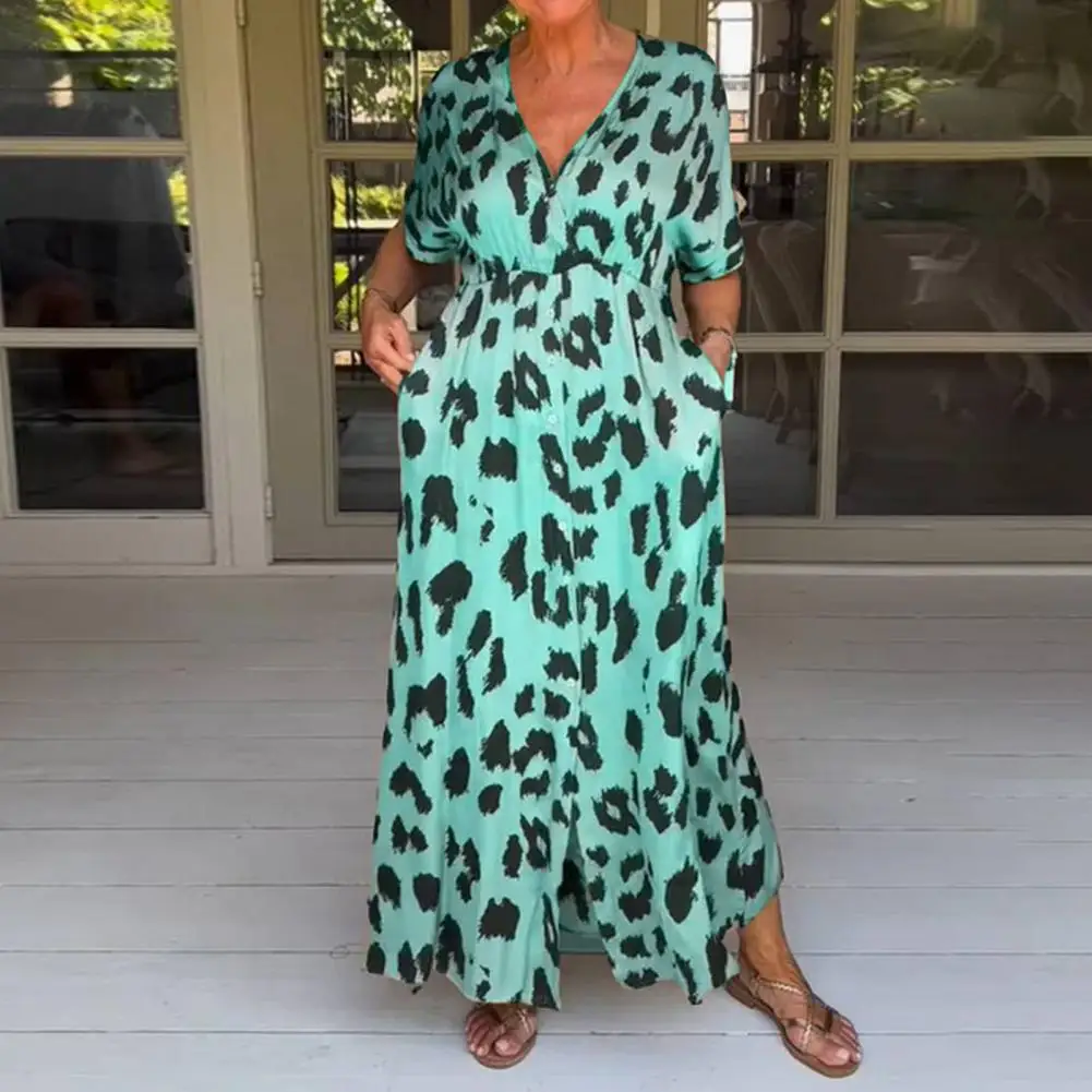 

Leopard Print Dress Women Leopard Print Dress Leopard Print V Neck Maxi Dress with Contrast Color Pockets Stylish Ankle for A