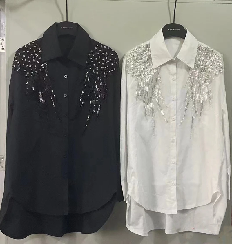 Real Photos Luxury Brand New Beaded Medium-length Loose Tops Heavy Diamond All-match Casual Fashion Shirts and Blouses