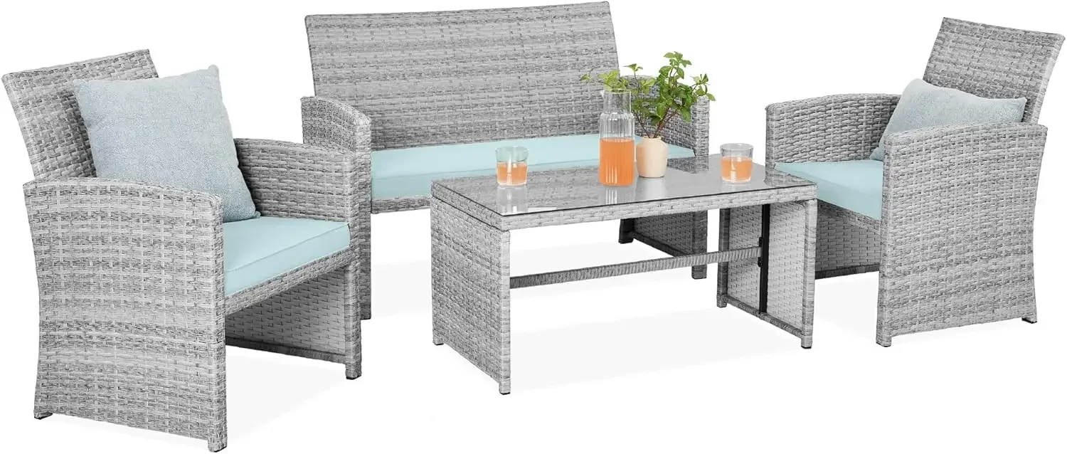 

Best Choice Products 4-Piece Outdoor Wicker Patio Conversation Furniture Set for Backyard w/Coffee Table, Seat Cushions - Gray/P