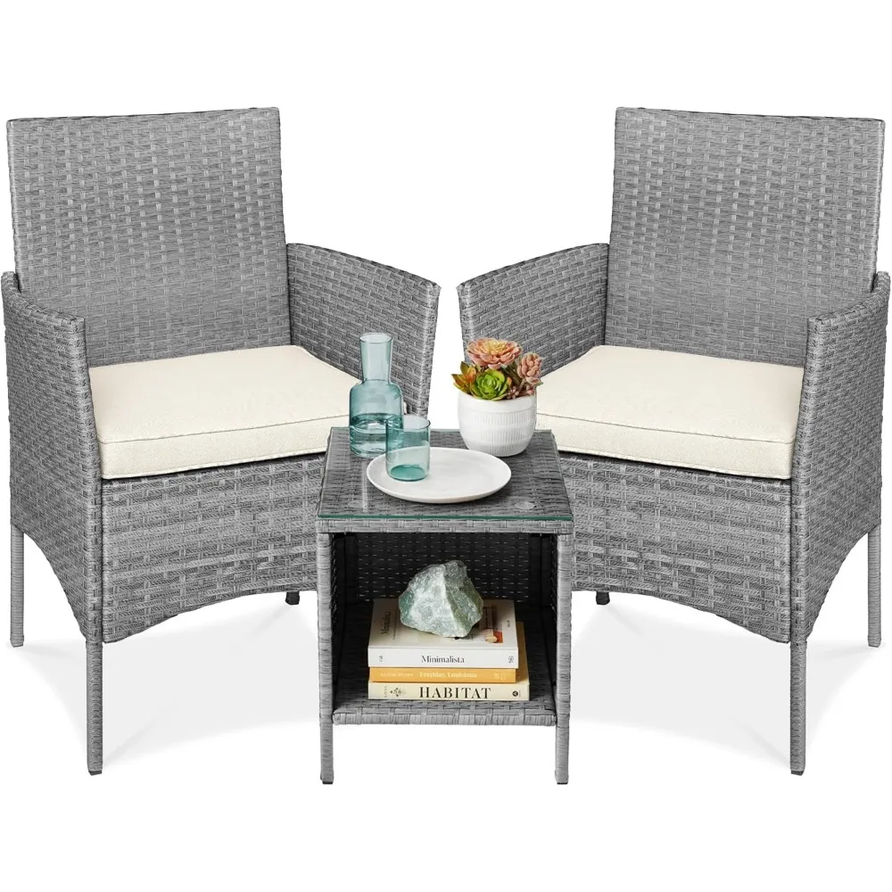 

Набор из 3 предметов для уличного плетеного беседного бистро, компактная мебель для патио для сада с боковым столом - серый/кремовый