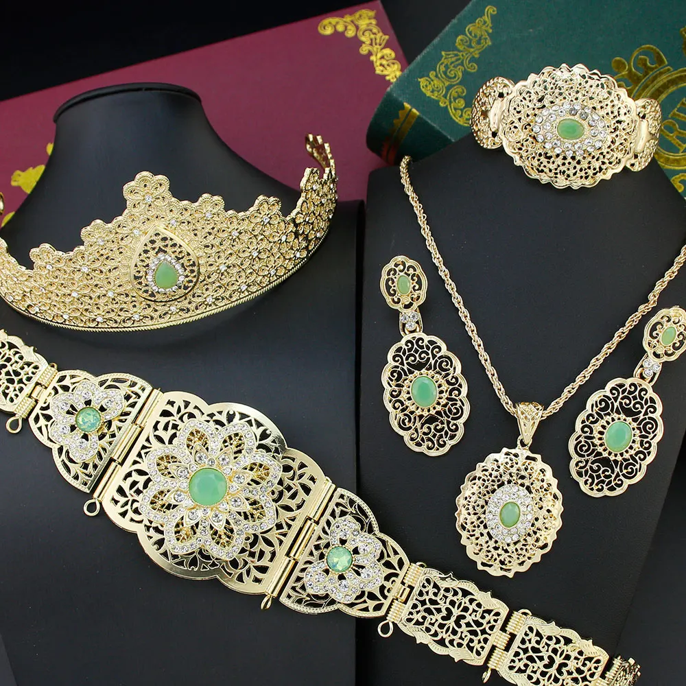 Morocco Fashion Style Color Jewelry Sets Belt Crown Drop Earring Bracelet Pendant Necklace Luxuriant Ladies Accessorie