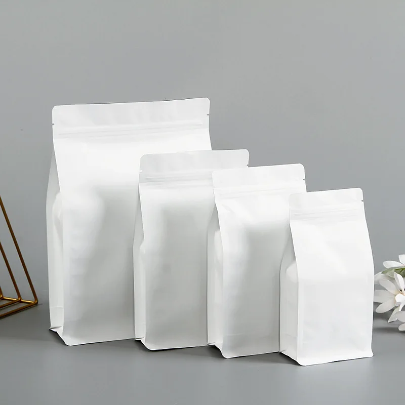 50Pcs Thick Resealable Side Gusset White Kraft Paper Zip Lock Package Bags Snack Spice Seeds Coffee Heat Sealing Storage Pouches