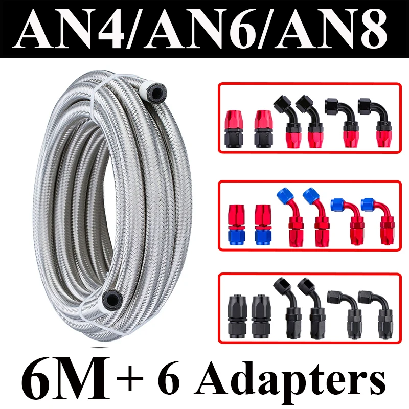 6M AN4 AN6 AN8 Fuel Hose Oil Gas Cooler Hose Line Pipe Tube Stainless Steel CPE Rubber 0 45 90 Degree Hose End Fittings Adapter