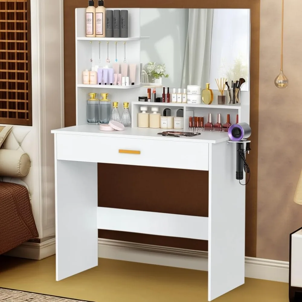 

Coiffeuse avec Miroir, Table de Maquillage, vanité de Maquillageavec, 90x40cm Support sèche-Cheveux, Moderne, Blanc E