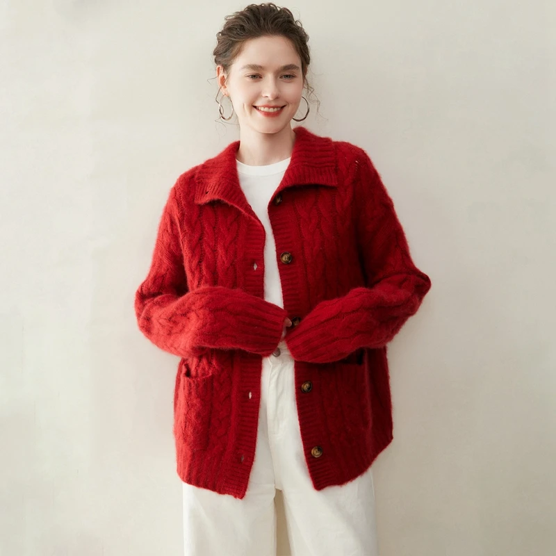 Thickened Heavyweight 100% Pure Cashmere  Open Cardigan Women Winter Turn Down Collar Twisted Knit LooseCashmere Style Outerwear