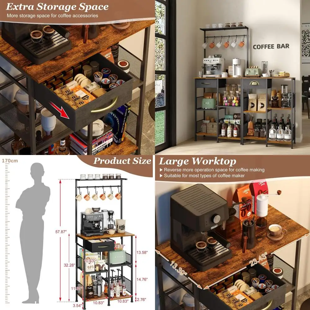 

Compact Storage Coffee Bar with Drawer, Spacious Worktop Table, Corner Bar Cabinet for Tight Spaces, Barkers Rack & Home Bar for