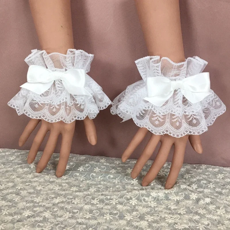 Pulsera de Cosplay de sirvienta con lazo de encaje con volantes y manga de mano de Lolita para mujer