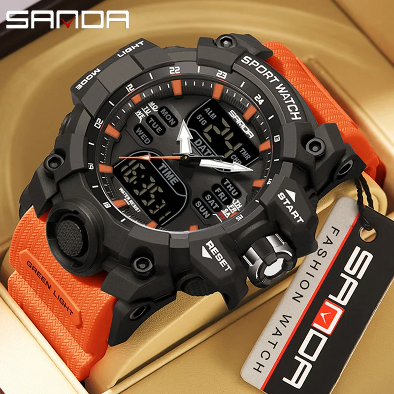 SANDA G Style Step Calorimeter Single Electronic Watch Nightlight Waterproof Sports Double Display LED Digital Quartz Men Watch