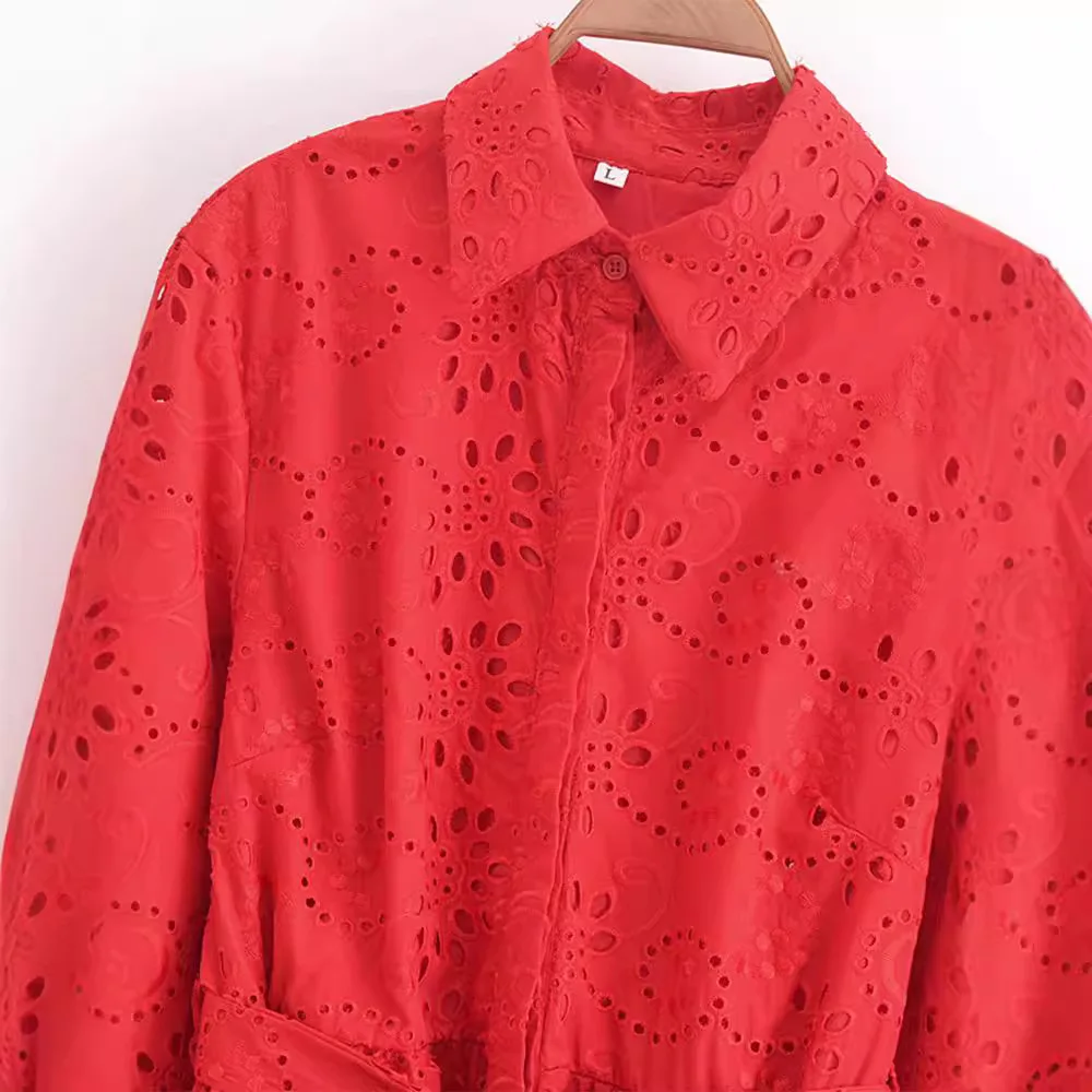2024 Autumn New Women\'s Red Casual Lapel Loose Tie Embroidered Shirt Long Dresses