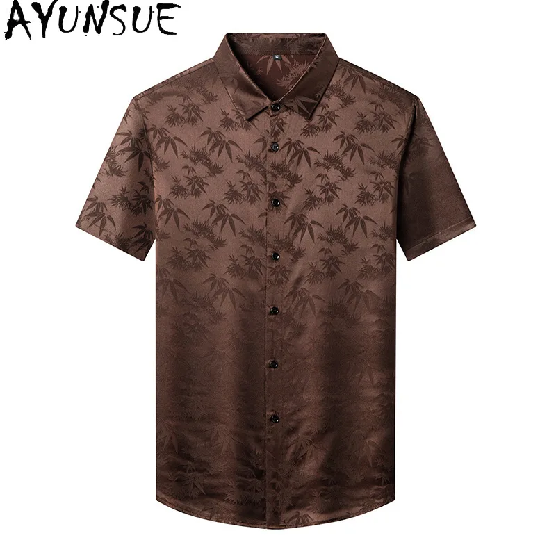 AYUNSUE 2025 High-end Real Silk Man Shirt Fashion Clothing 92.4% Mulberry Silk Shirt Summer Men's Shirts Short Sleeve Tops 반팔 셔츠