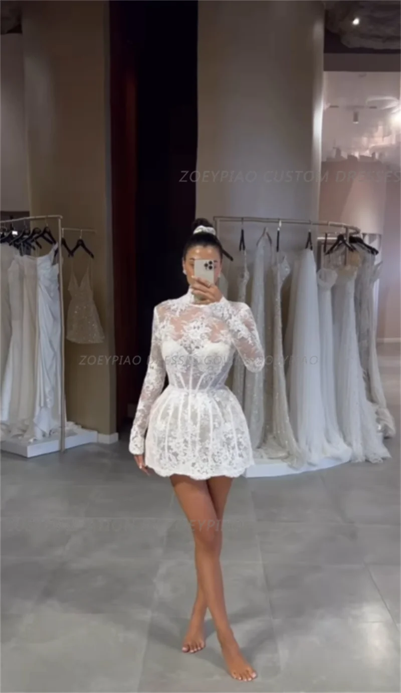 Vestidos de novia de línea A de encaje para mujer, Vestido de princesa corto de cuello alto personalizado, moda Formal, vestidos de novia de fiesta