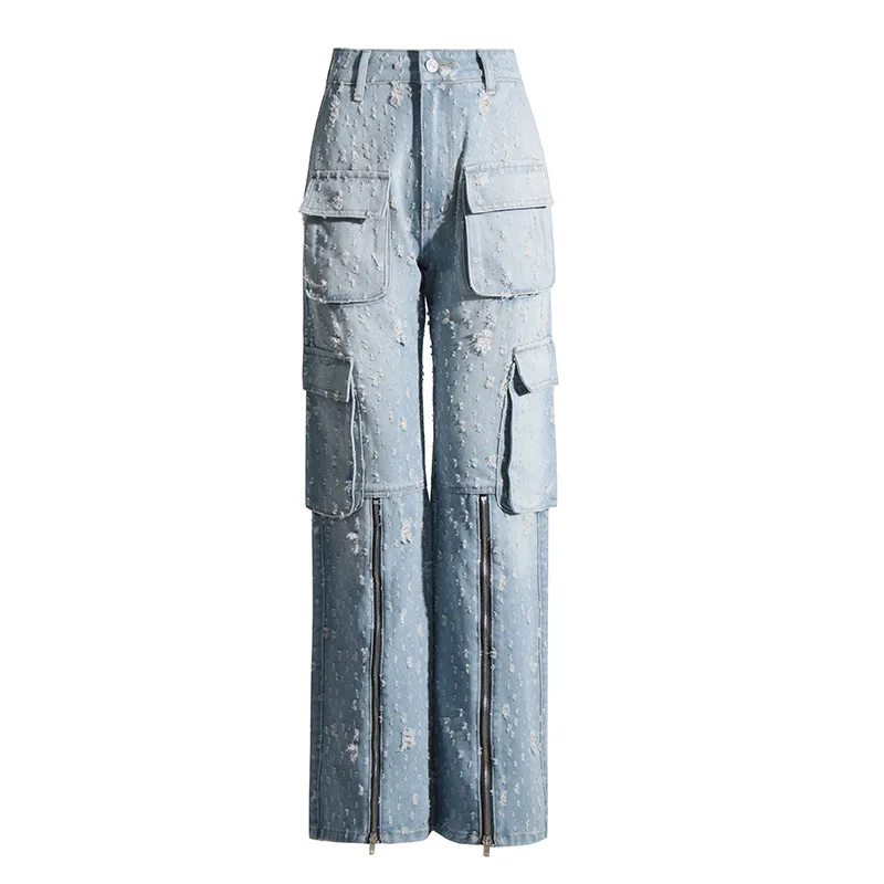 

2025 Autumn New Style Fashionized Hole Designated Elasticated Straight-Tee Wide Leg Denim Pants for Women y2k