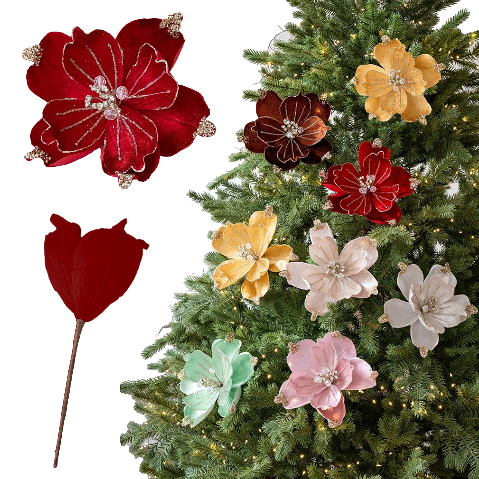 

1PC Glitter Pink Christmas Flowers Xmas Tree 15cm Artifical Flower Ornaments 2026 Christmas Decoration For Home New Year navidad