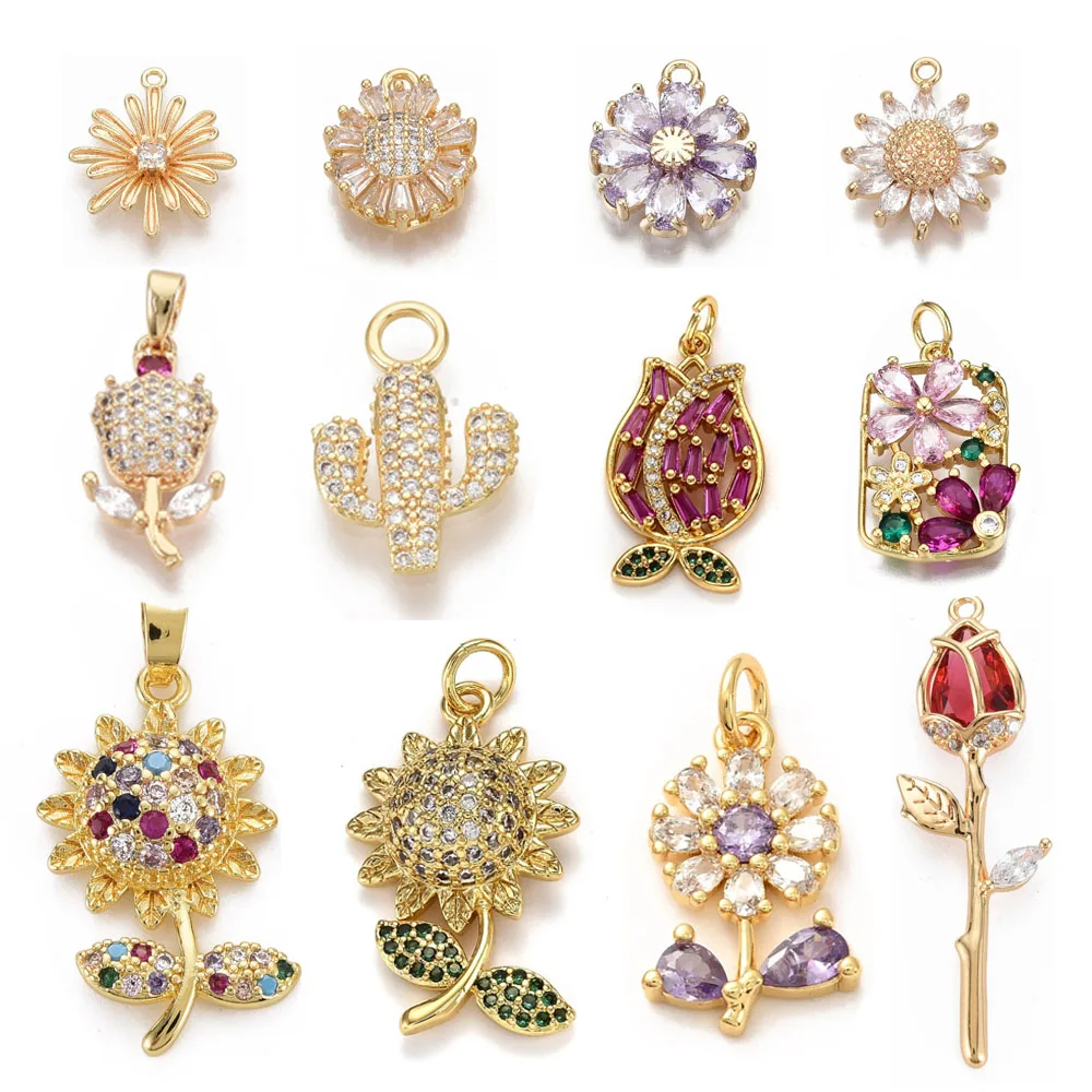 

2pcs Brass Micro Pave Clear Cubic Zirconia Rose SunFlower Daisy Pendants for DIY bracelet necklace jewelry making Crafts Decor