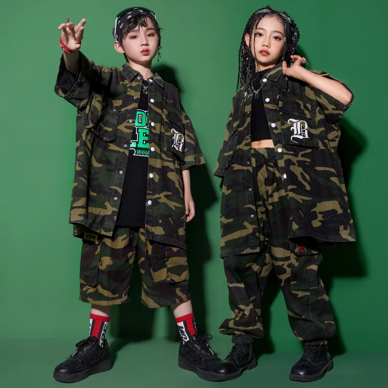 Kid Hip Hop Kleidung Übergroßen Camouflage Hemd Straße Casual Cargo Jogger Hosen Shorts für Mädchen Junge Jazz Dance Kostüm Kleidung