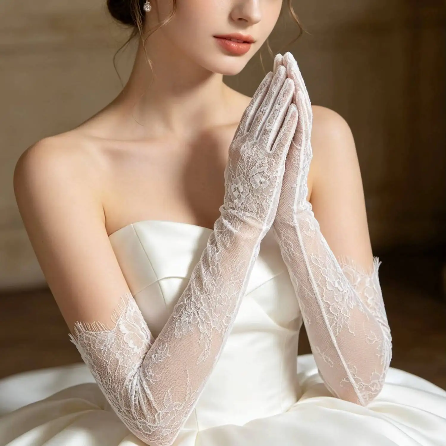 Women Sexy Thin Lace Flower White Black Long Gloves Transparent Mesh Eyelash Tulle Bridal Wedding Party Dress Accessories
