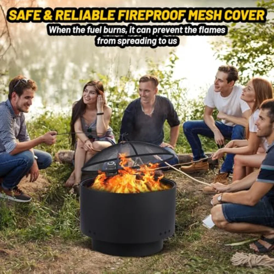 26 in Smokeless Fire Pit for Outdoor Wood Burning, Stainless Steel, Black, Efficient Airflow Design