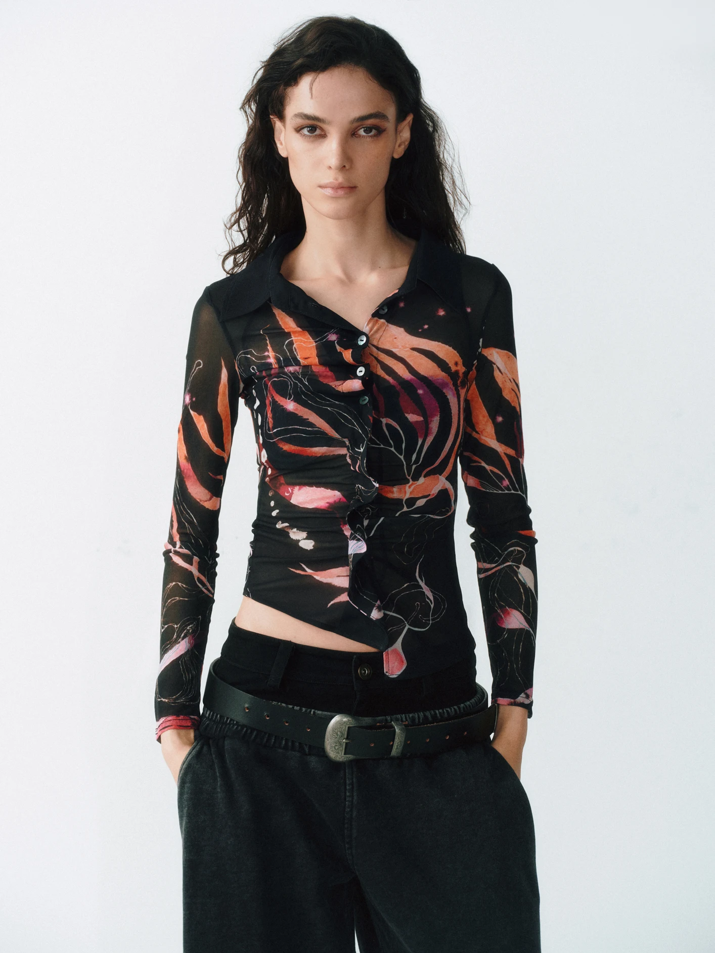 

LUCENCY AW25 Printed Me irt Asymmetric Hem Blouse Versatile Commute Sle Long Sve Women's Faion Breathable Polyester