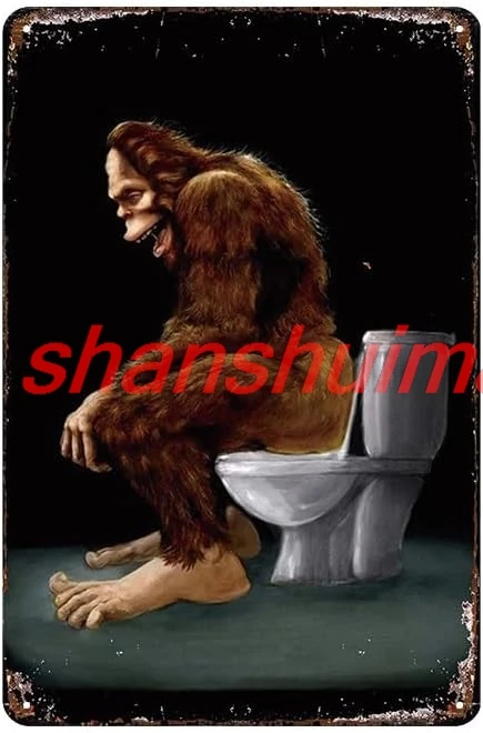 Bigfoot Sitting On Toilet Funny Retro Metal Tin Sign