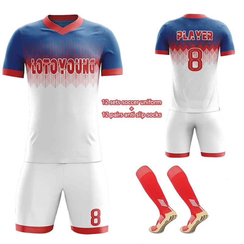 

Customized Sublimation Adults Blue And White Soccer Jerseys Club Soccer Wear Breathable Football Kits Add Team Logo Uniform Set