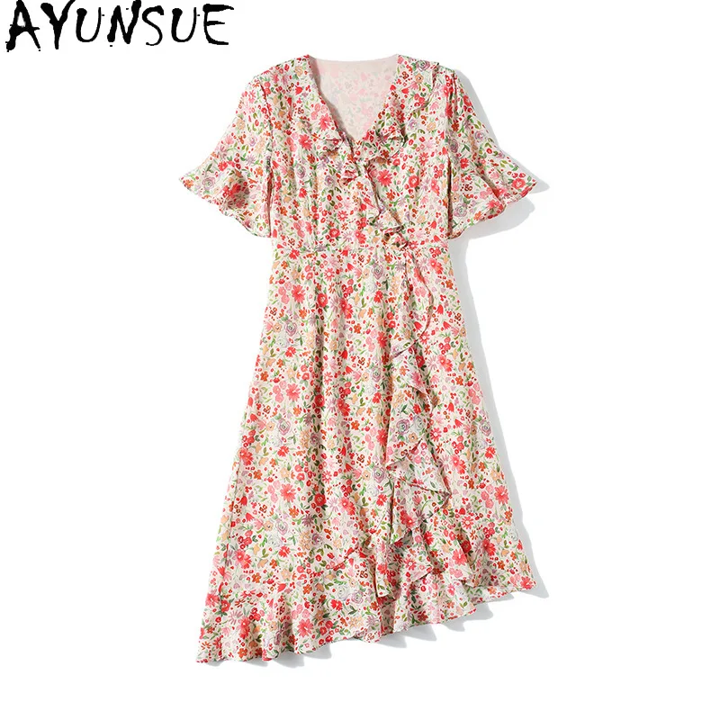 

AYUNSUE 100% Real Mulberry Silk Dresses for Woman Summer Dresses 2026 French Style V-neck Dress Stylish Woman Clothes Robe Femme