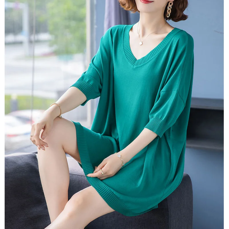 Fashion Women Solid Midi Oversized Knitted T-shirt Spring Summer Tees Female Clothing All-match Half Sleeve V-neck Casual Tops