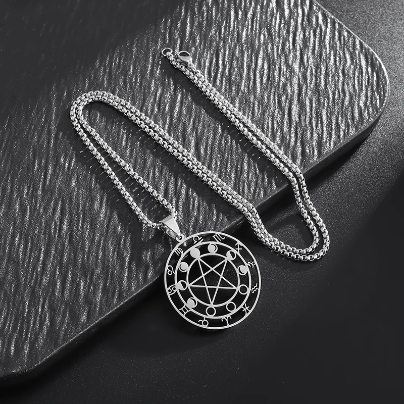 Exquisite Stainless Steel Witchcraft 12 Zodiac Signs Divination Pentacle Moon Necklace Women's Men's Fashion Jewelry