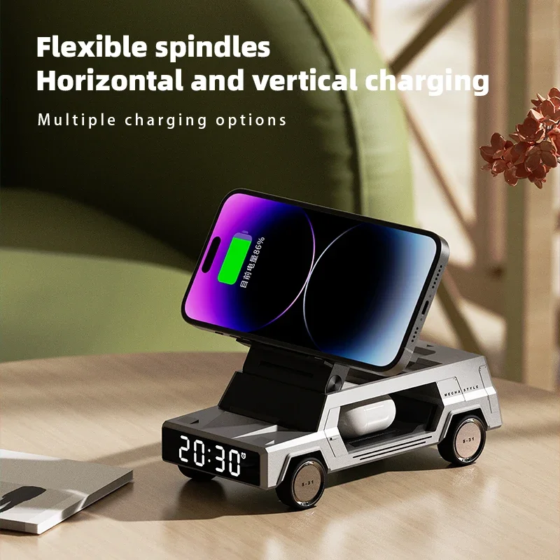 15W desktop stand, wireless fast charging, creative car shape design, multi-function clock, cool and high-end party