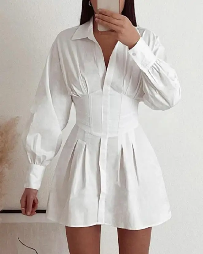 Long Sleeve Corset Shirt Dress 2023 Spring New White Women\'s Dress Temperament Elegant Office Shirt Dress Mini Dress