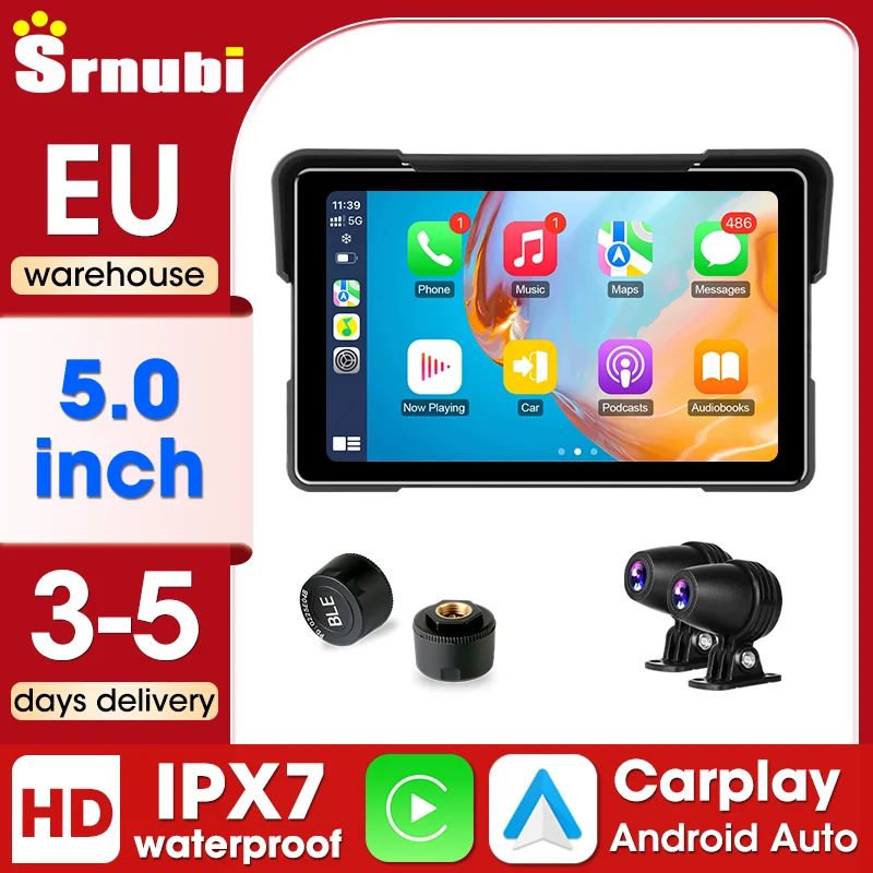 Srnubi Écran Large 7 Pouces pour Moto, Carplay Android Auto, Tableau de Bord Numérique Portable, DVR Moto, Navigation GPS BT avec TPMS