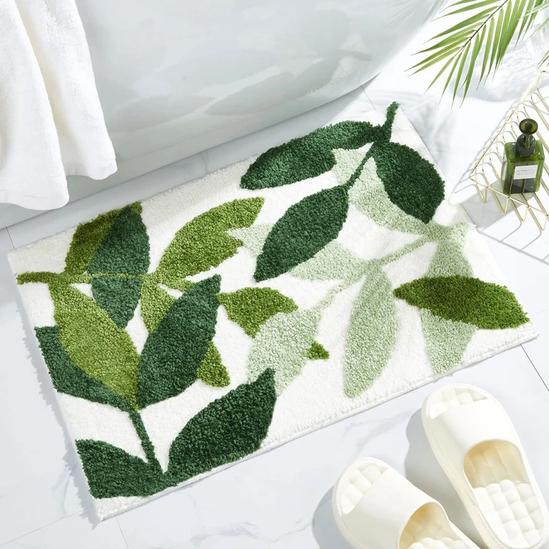 Bathroom Rugs Green Cute Leaves Fluffy Bathmat Non Slip Water Aabsorbent Plush Microfiber Bathroom Carpet Leaf Shower Mat 바닥 깔개