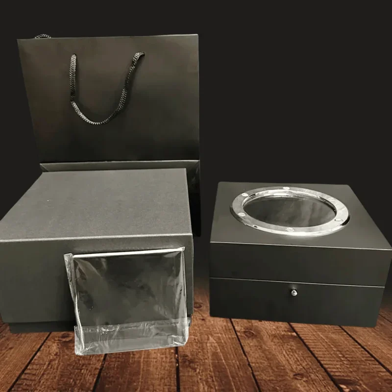 Caja de reloj de cuero PU con tragaluz acrílico para hombre, color negro, de lujo, de alta calidad, con bolsa de papel, compatible con caja de exhibición de almacenamiento de reloj HB MASTERPIECE