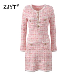 ZJYT Autumn Winter Women's Knitted Sweater Dresses Long Sleeve Pink Plaid Sweet Short Party Dress Elegant Female Vestidos Robes