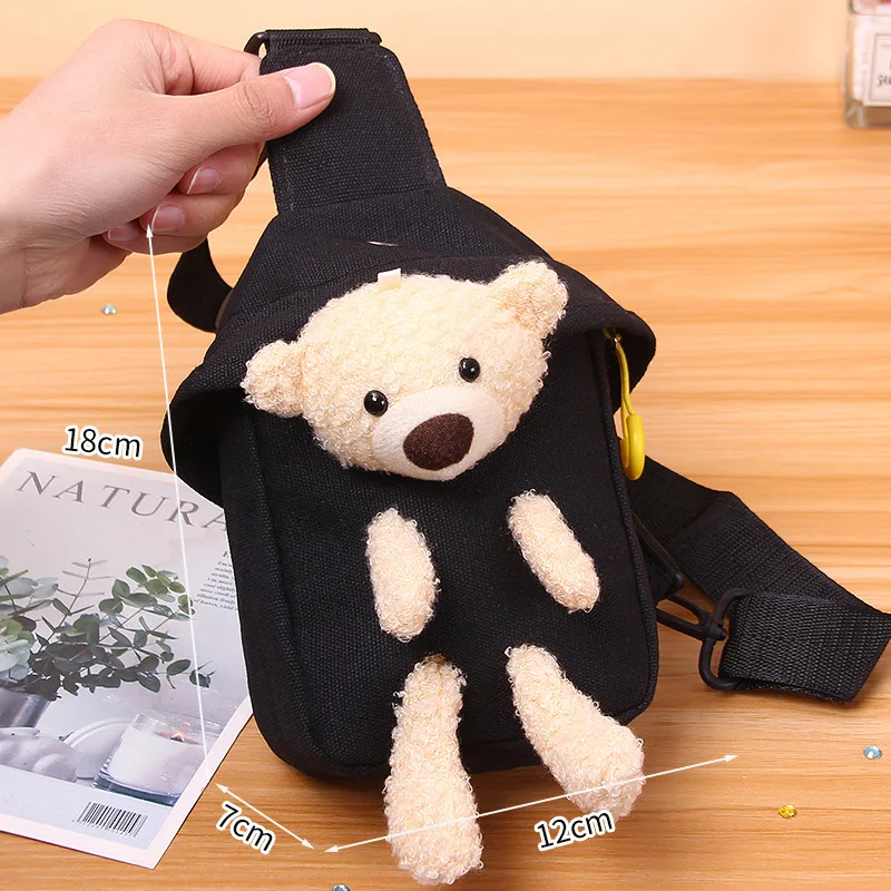 Cute Bear Canvas Waist Packs Cartoon Plush Bear Kids Chest Bag Cute Canvas Messenger Bag Children Outdoor Zipper Waist Pack