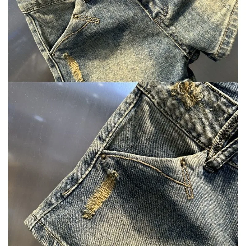 Pantalones cortos de mezclilla con diseño deshilachado Sexy Retro, pantalones cortos de moda bordados con lazo de cintura baja para mujer