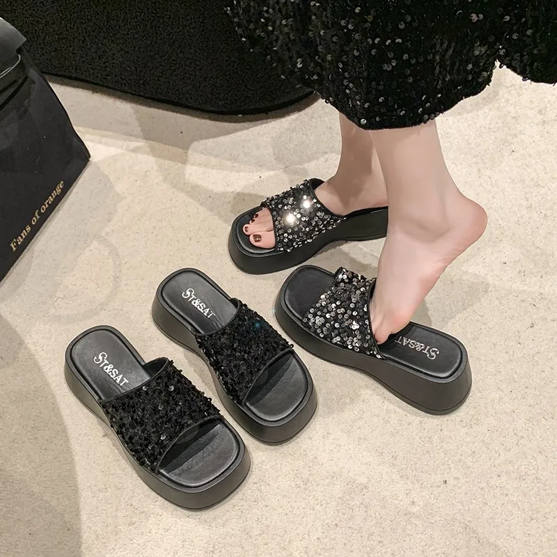 

Women's Solid Color Glitter Sandals, Slip On Soft Sole Platform Beach Slides, Sequins Decor Non-slip Slides for Music Festival